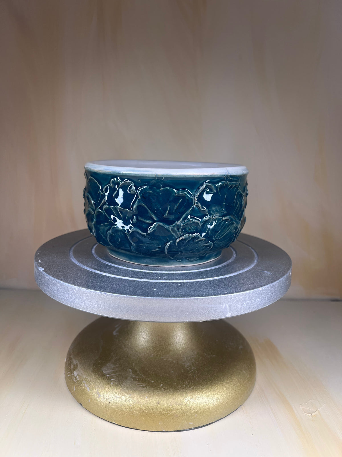 Midnight Bloom - Handmade Teal Floral Ceramic Bowl